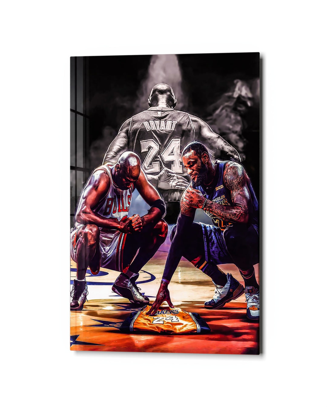 Three Players Courtside Huddle glass wall art, studio view