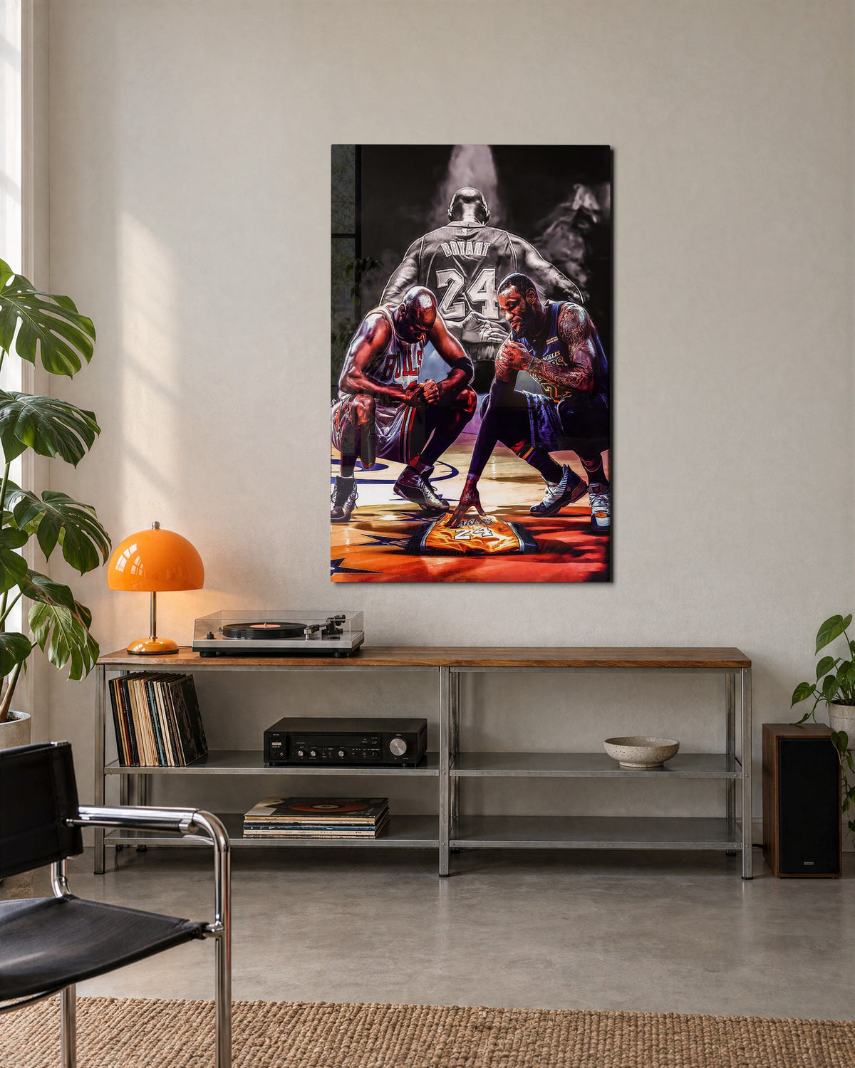 Three Players Courtside Huddle glass wall art, lifestyle view