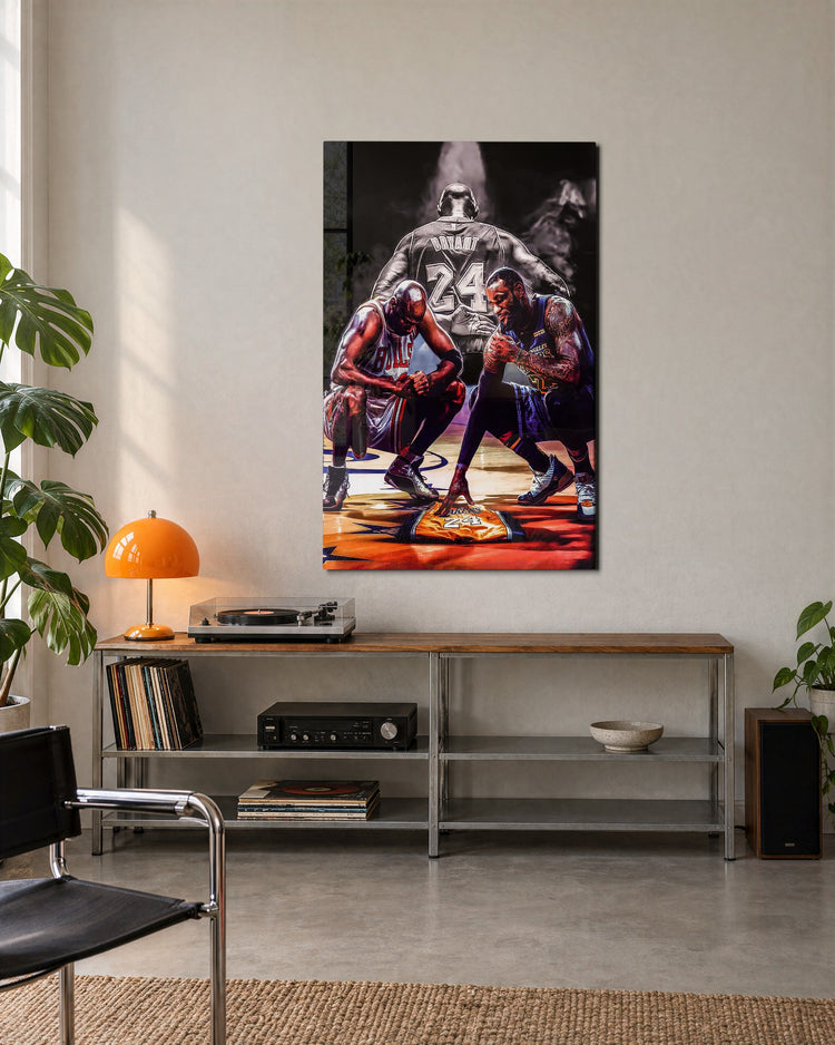 Three Players Courtside Huddle glass wall art, lifestyle view