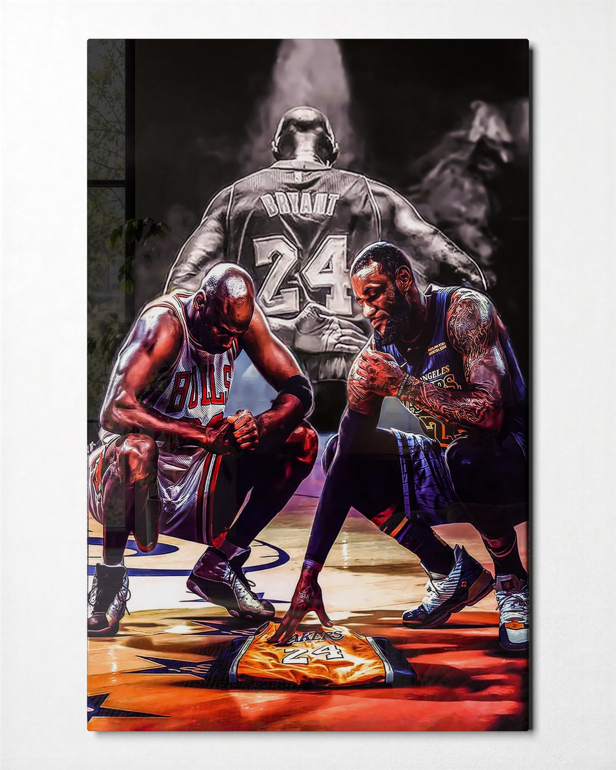 Three Players Courtside Huddle glass wall art, front view