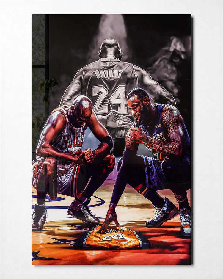 Three Players Courtside Huddle glass wall art, front view