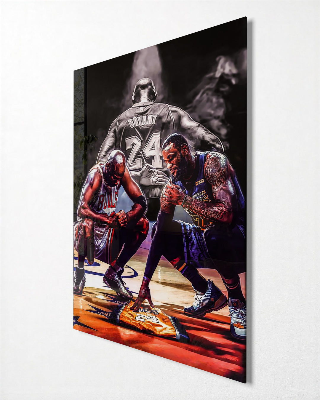 Three Players Courtside Huddle glass wall art, side view