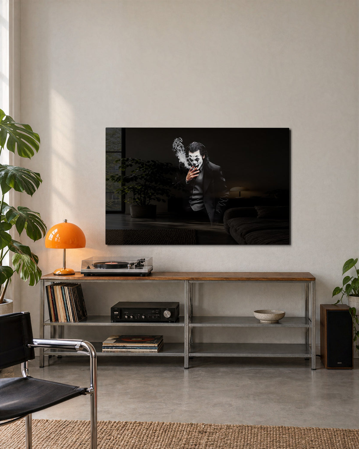 Smoking Villain in Black glass wall art, lifestyle view
