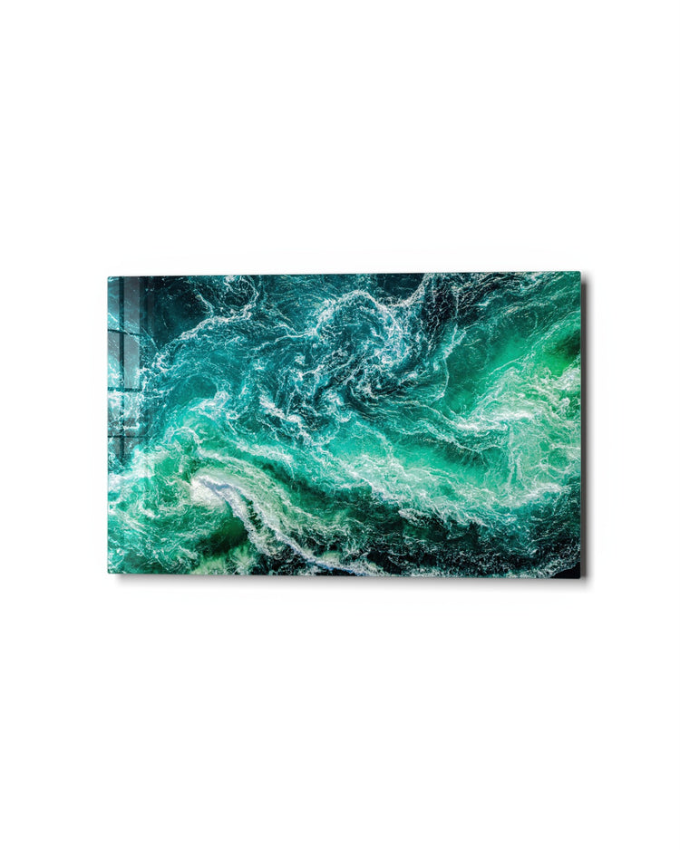 Churning Emerald Sea glass wall art, studio view