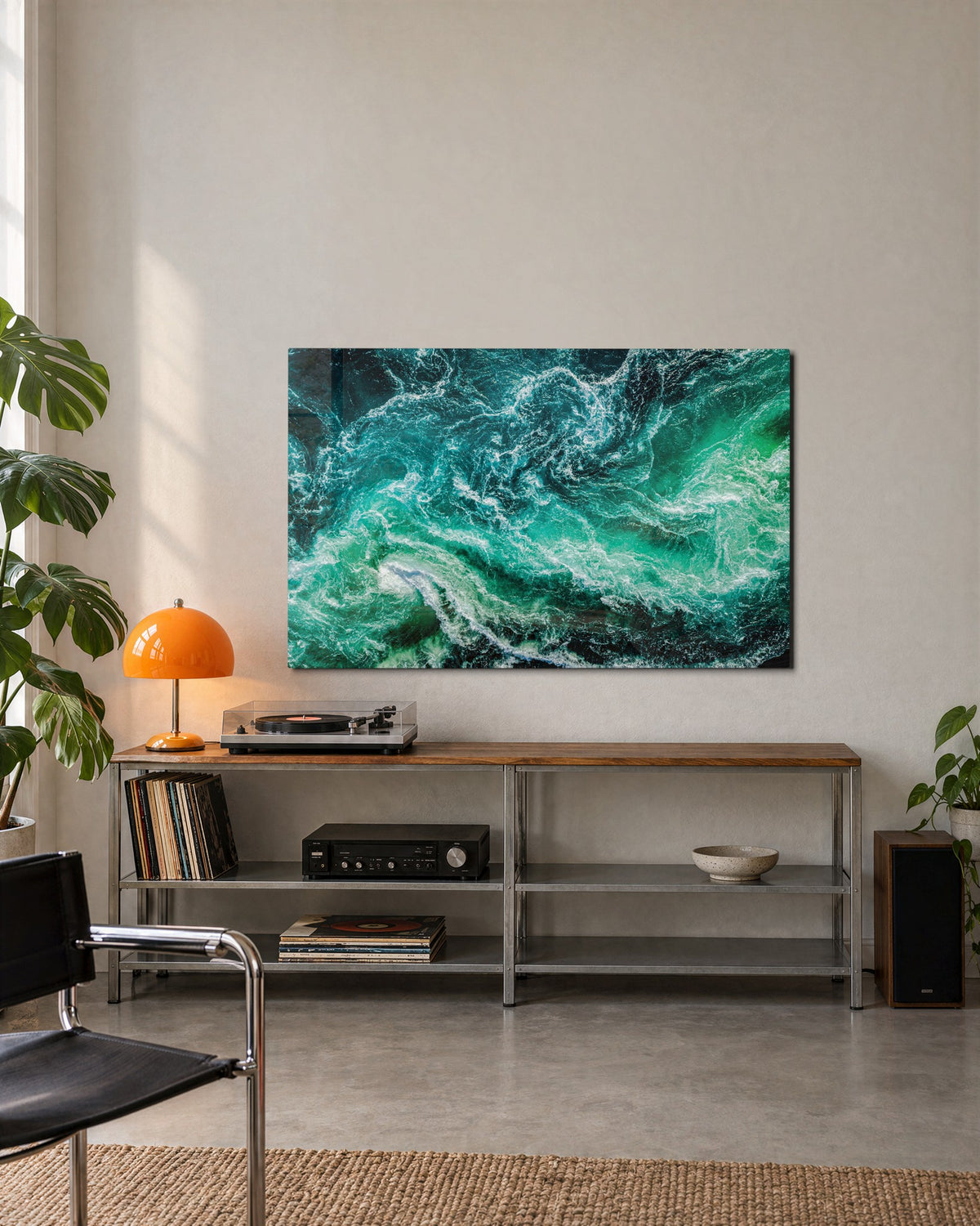 Churning Emerald Sea glass wall art, lifestyle view