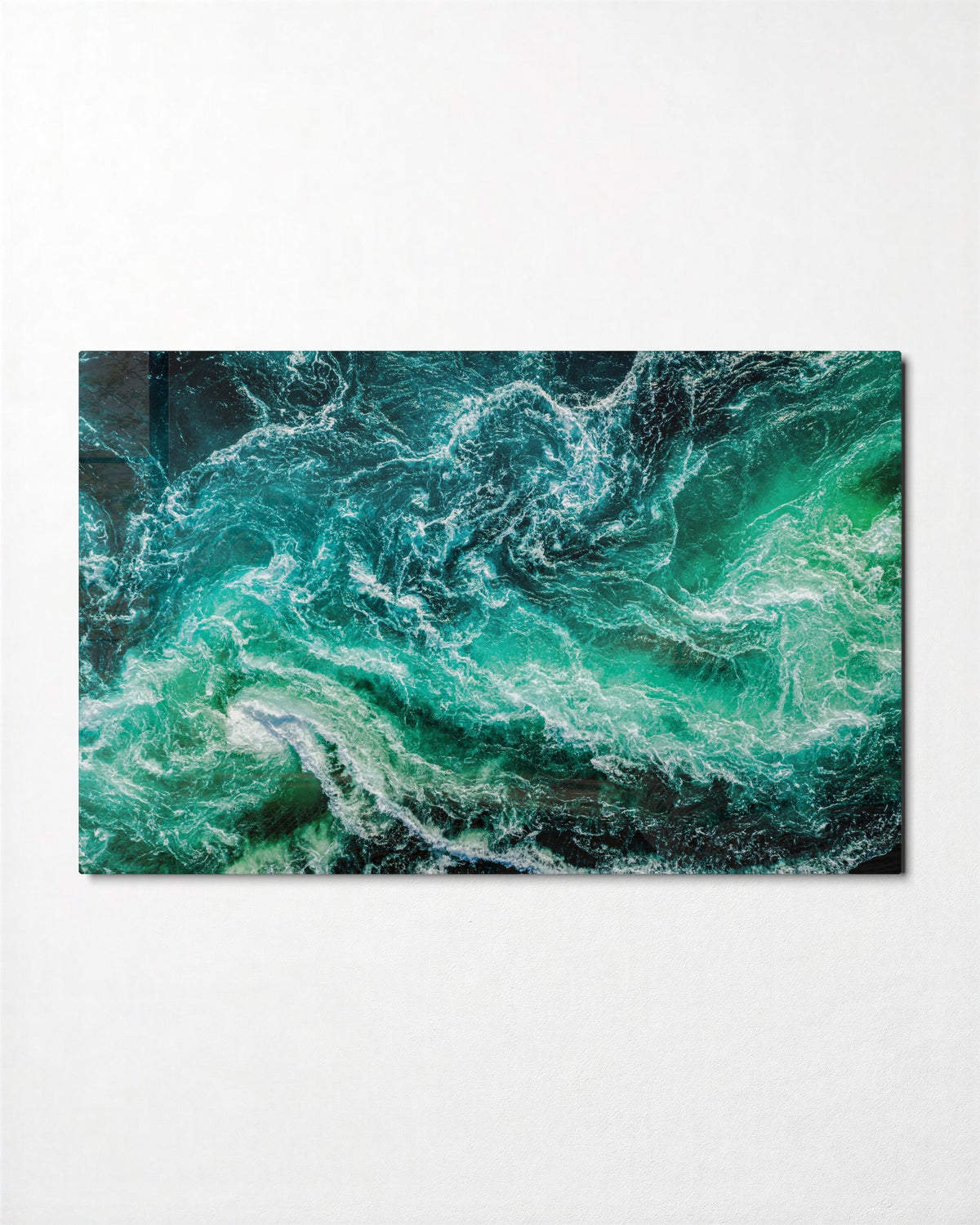 Churning Emerald Sea glass wall art, front view