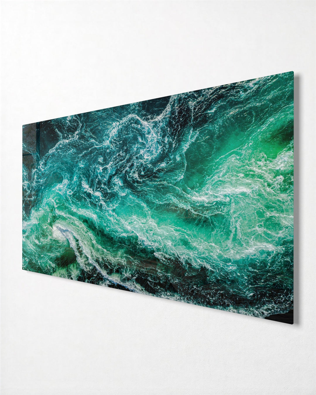 Churning Emerald Sea glass wall art, side view