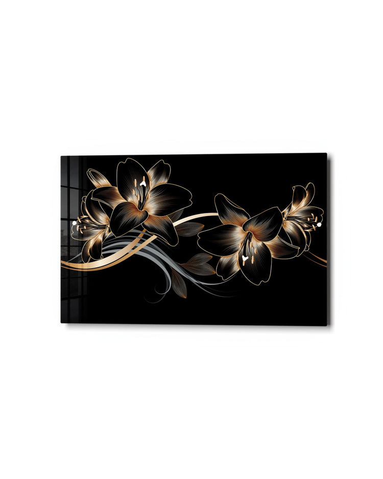 Gold Lilies on Black glass wall art, studio view