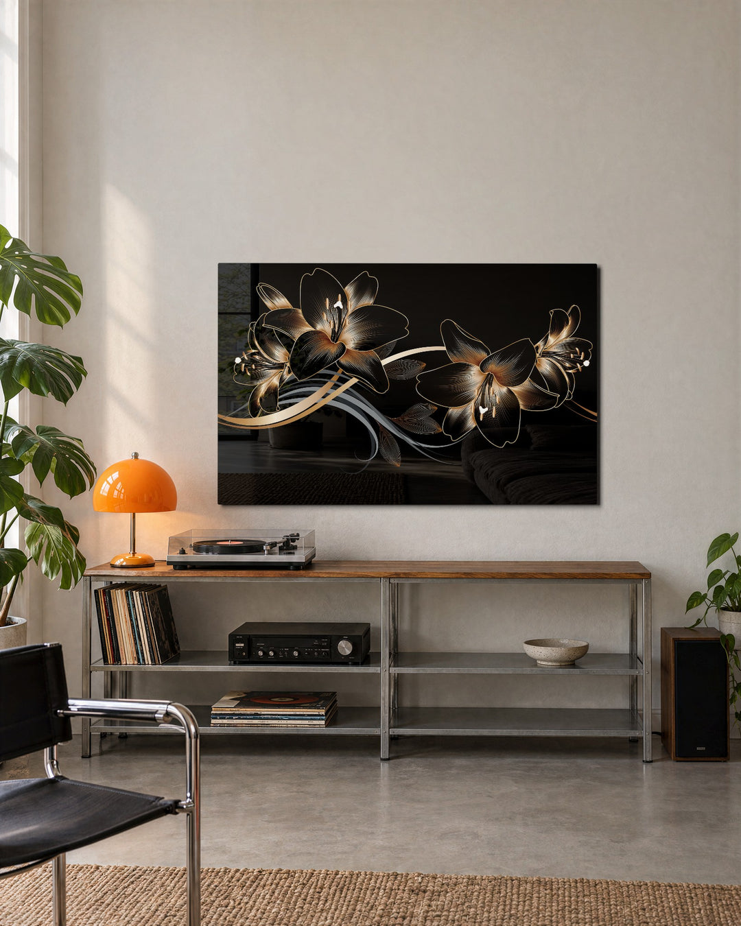 Gold Lilies on Black glass wall art, lifestyle view