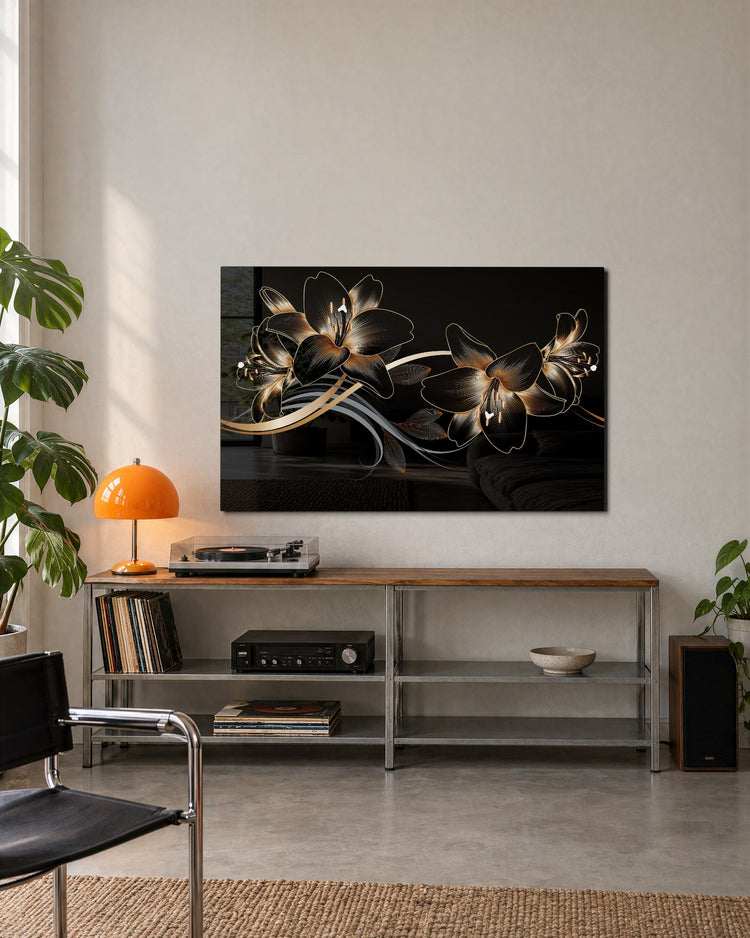 Gold Lilies on Black glass wall art, lifestyle view