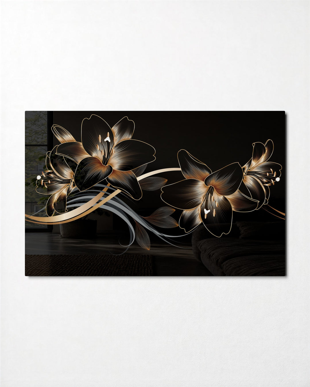 Gold Lilies on Black glass wall art, front view