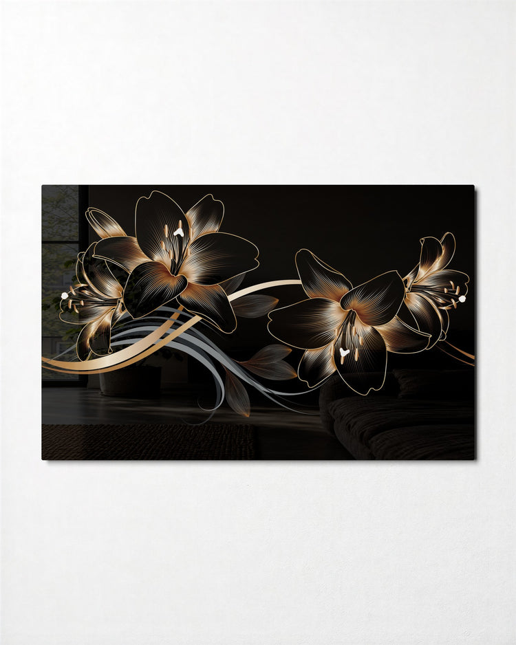 Gold Lilies on Black glass wall art, front view