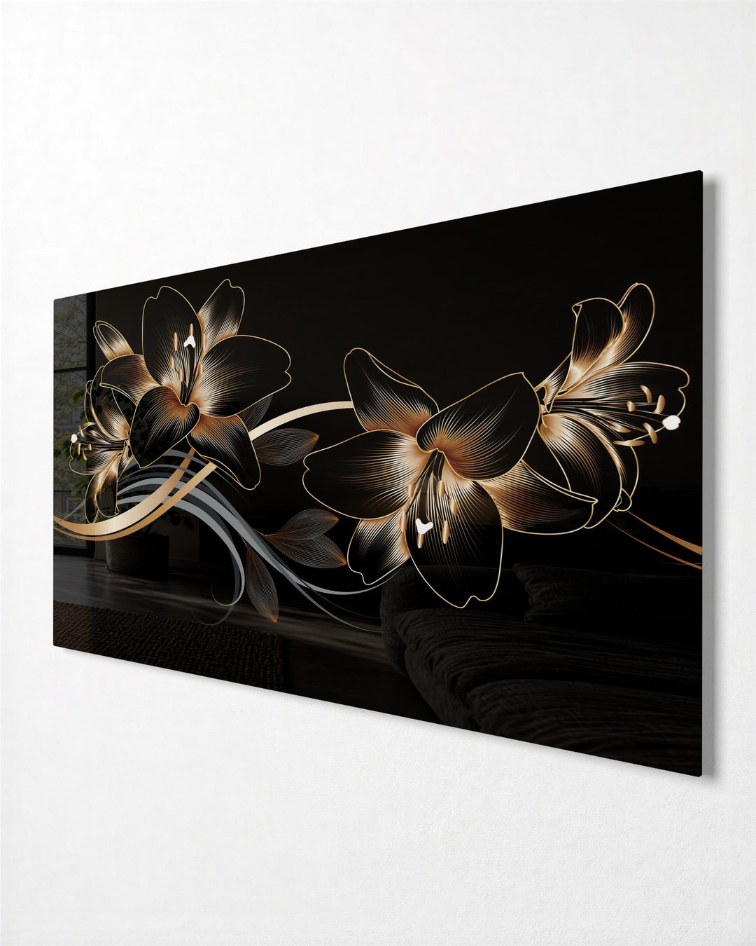 Gold Lilies on Black glass wall art, side view