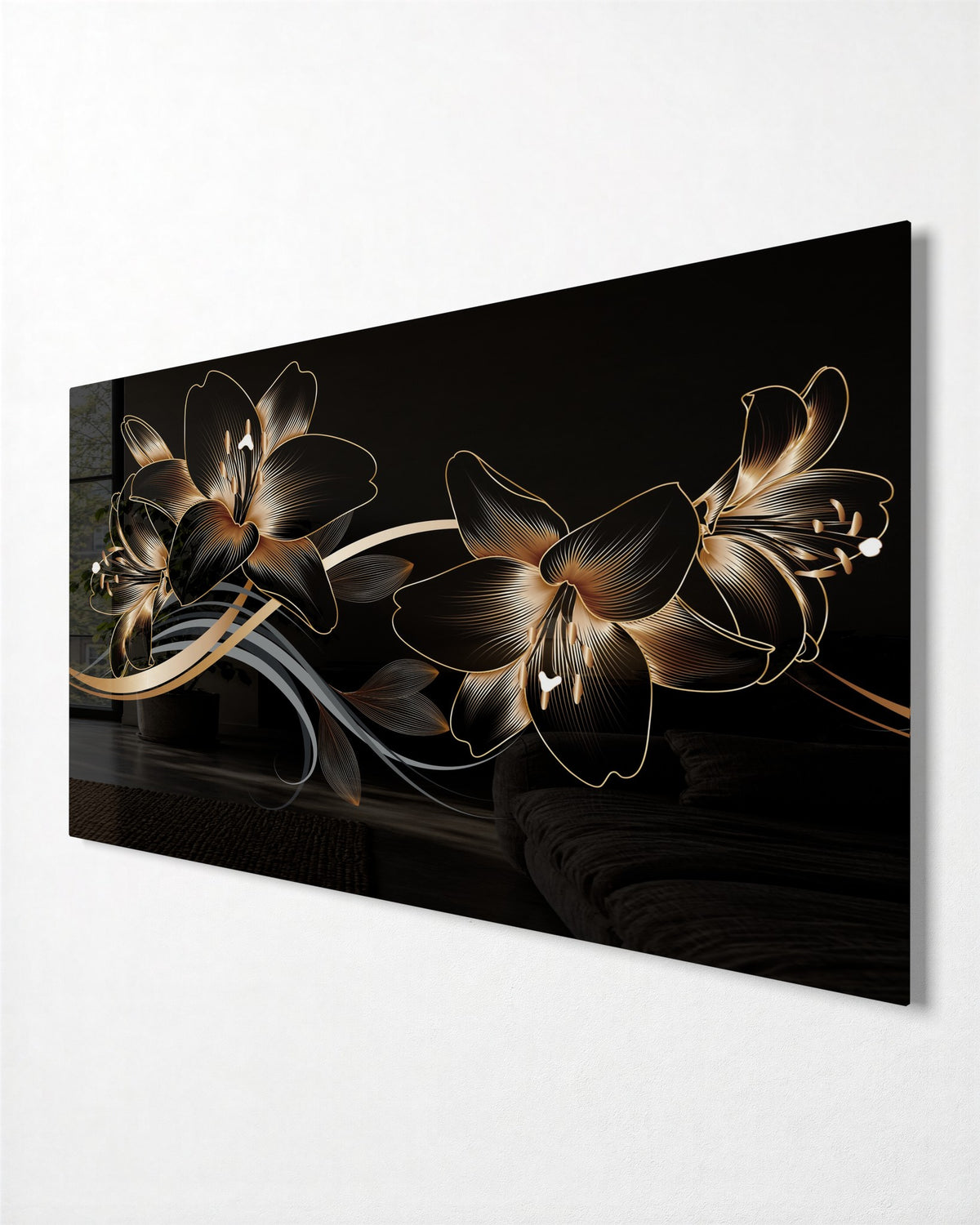 Gold Lilies on Black glass wall art, side view