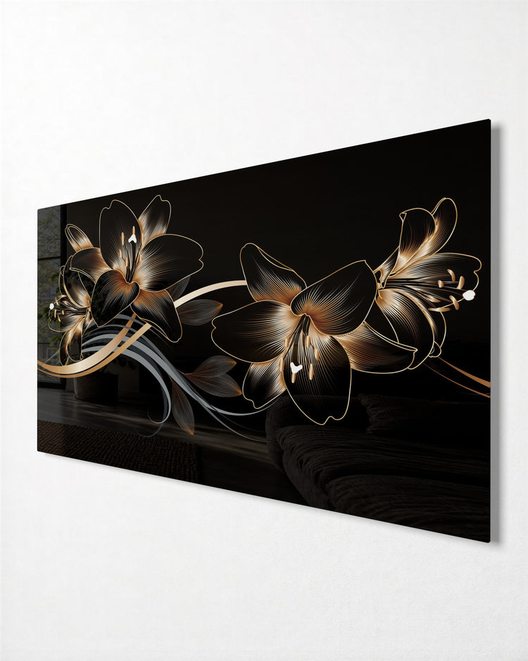 Gold Lilies on Black glass wall art, side view