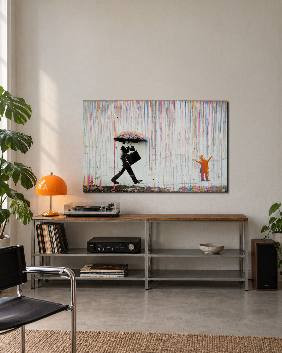 Rainbow Rain, Black Umbrella glass wall art, lifestyle view