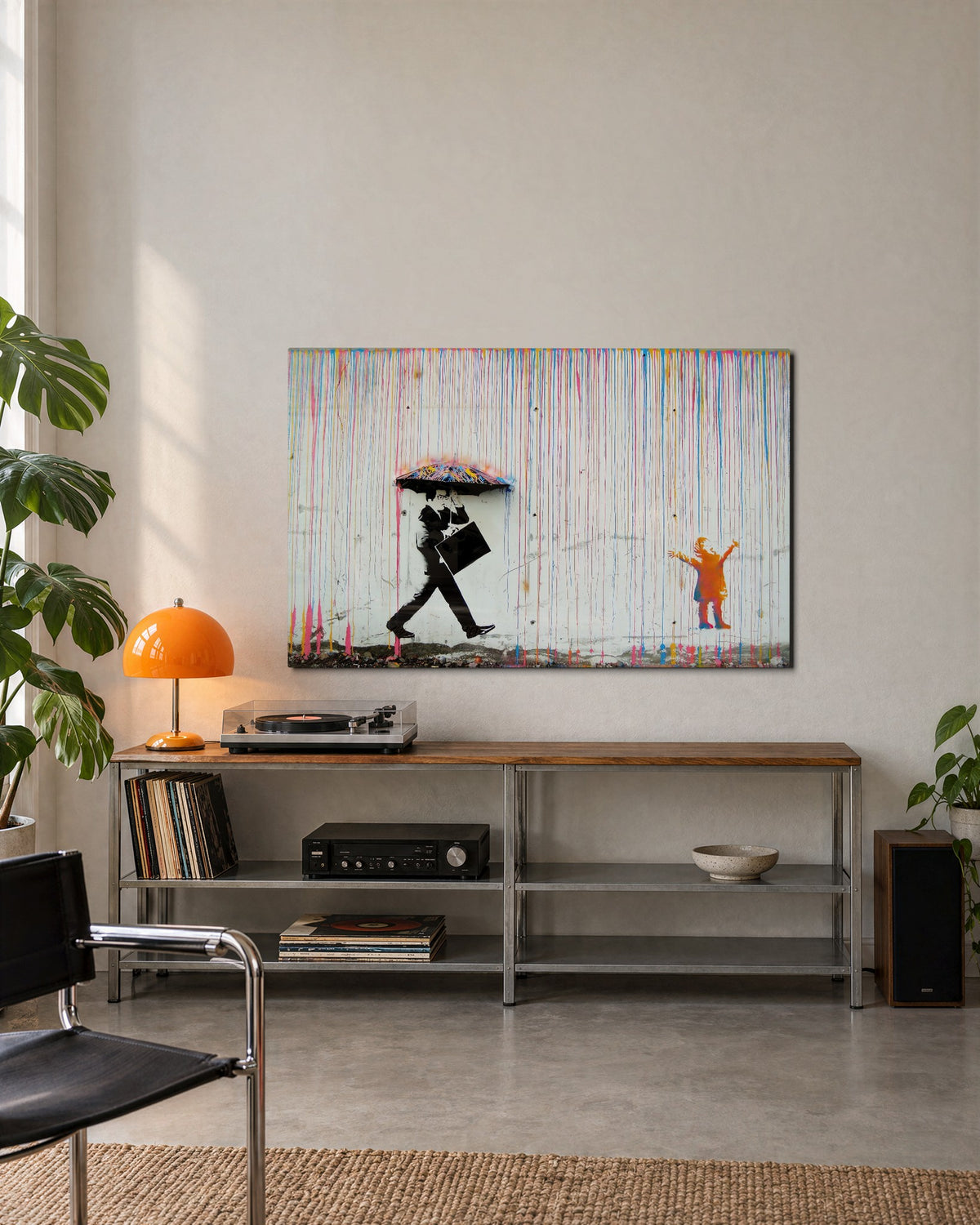 Rainbow Rain, Black Umbrella glass wall art, lifestyle view