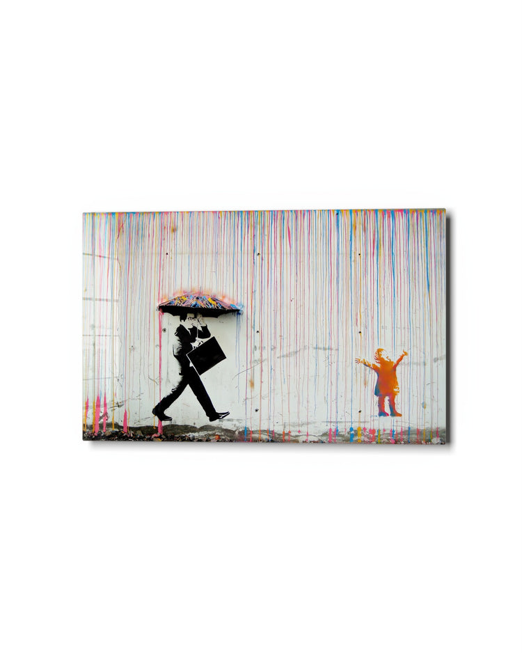 Rainbow Rain, Black Umbrella glass wall art, studio view