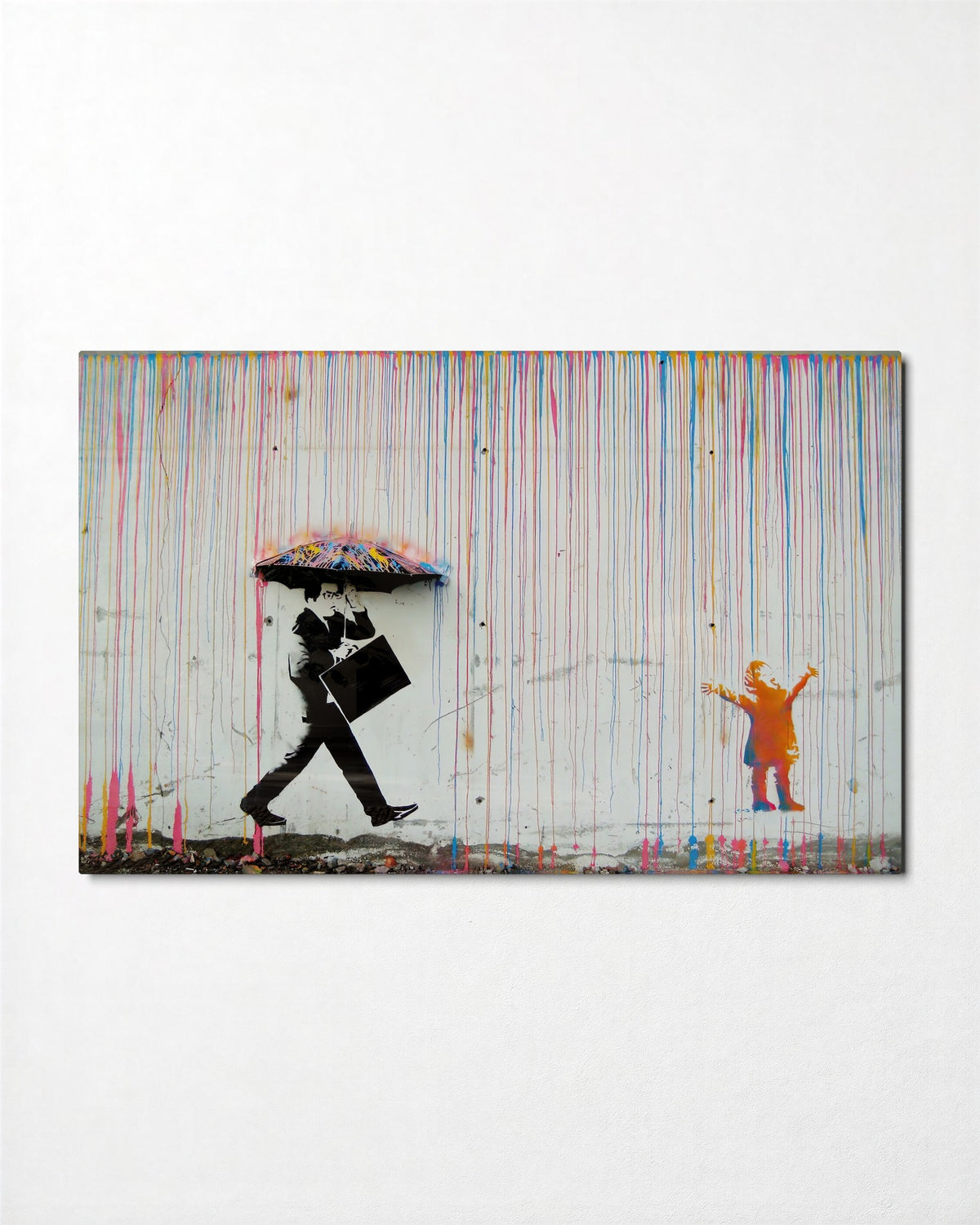 Rainbow Rain, Black Umbrella glass wall art, front view