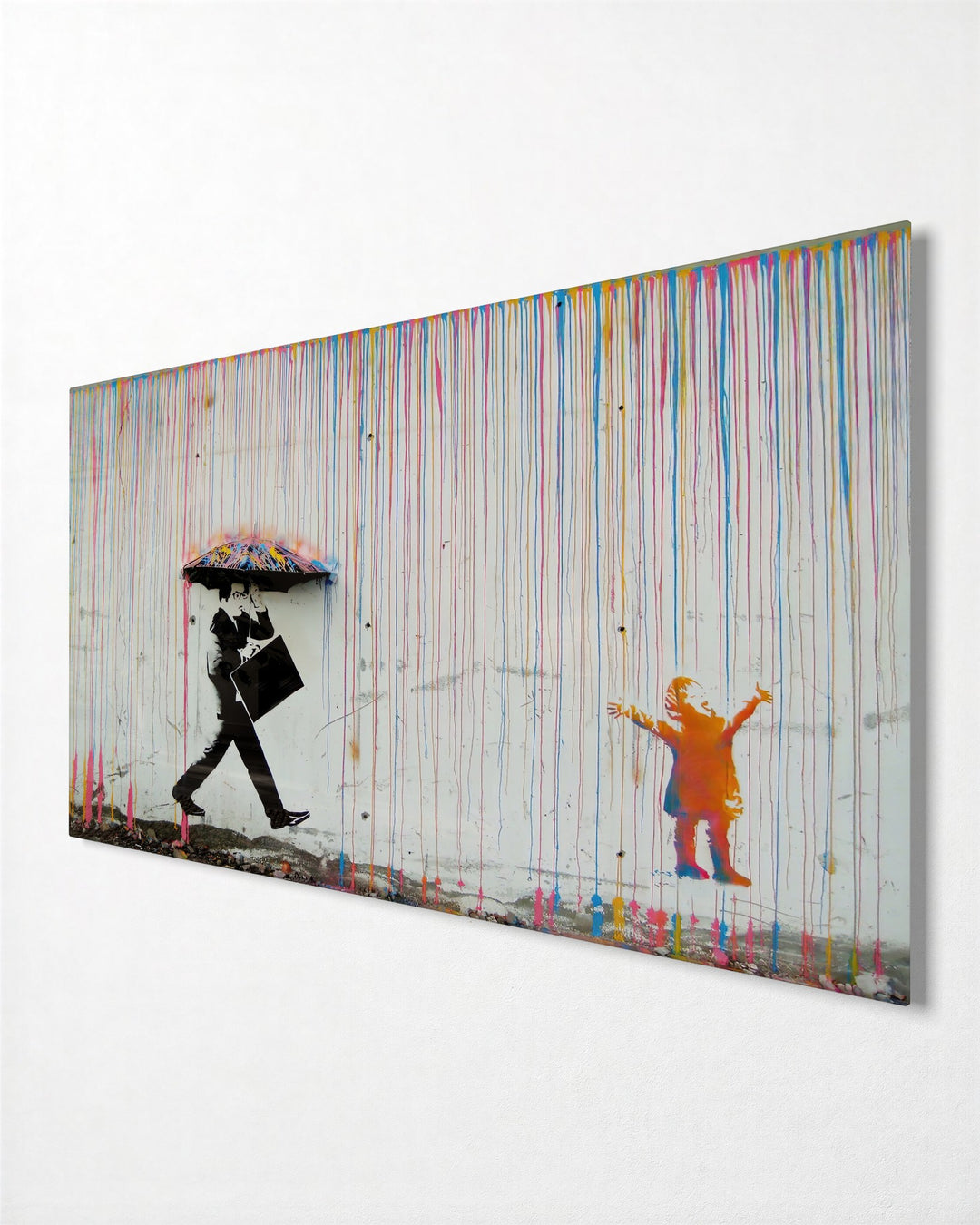 Rainbow Rain, Black Umbrella glass wall art, side view