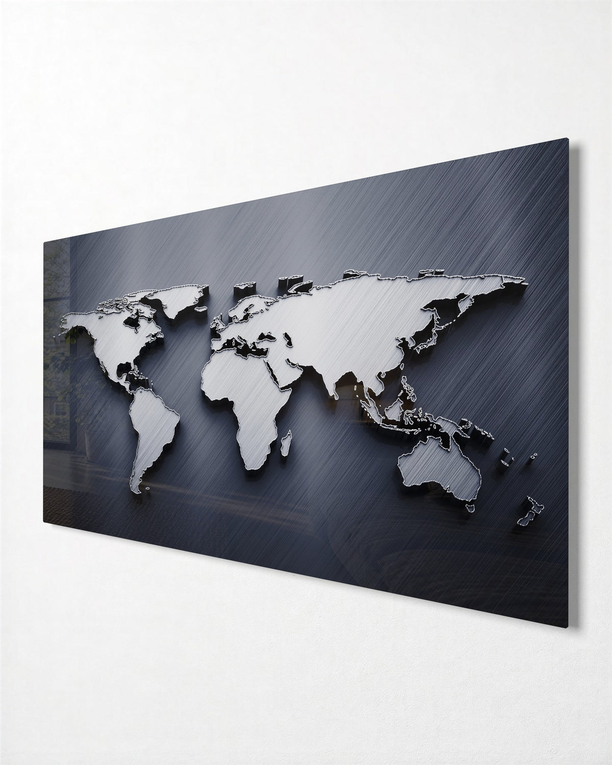 Brushed Steel World Map glass wall art, side view