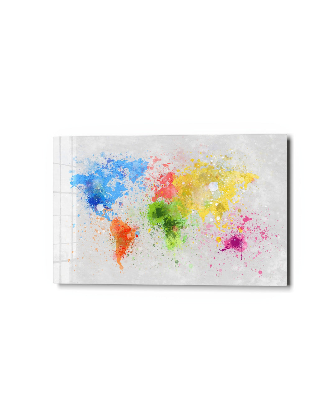 Watercolor Splash World Map glass wall art, studio view