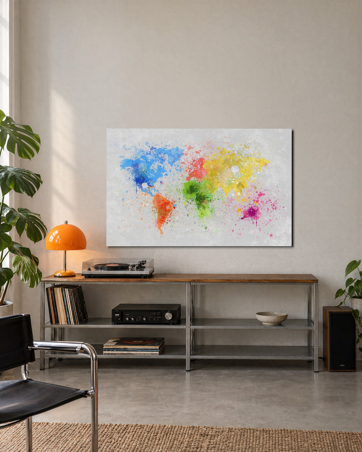 Watercolor Splash World Map glass wall art, lifestyle view