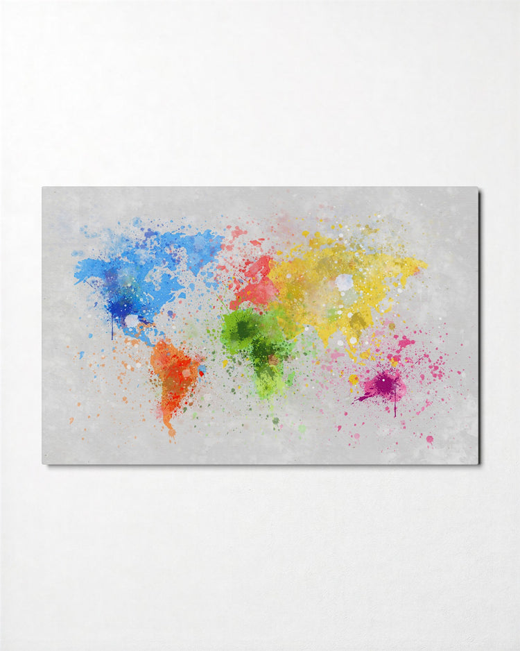 Watercolor Splash World Map glass wall art, front view