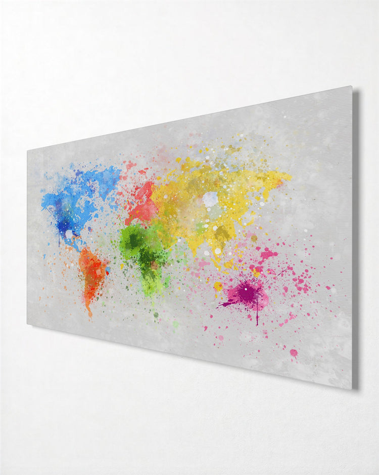 Watercolor Splash World Map glass wall art, side view