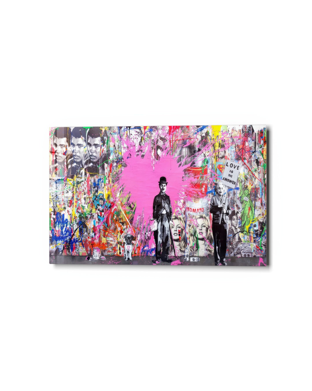 Pink Splash Collage Wall glass wall art, studio view