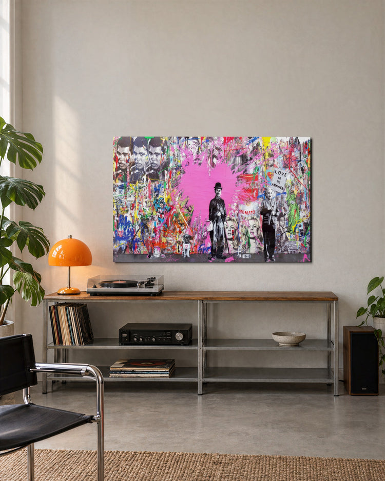 Pink Splash Collage Wall glass wall art, lifestyle view