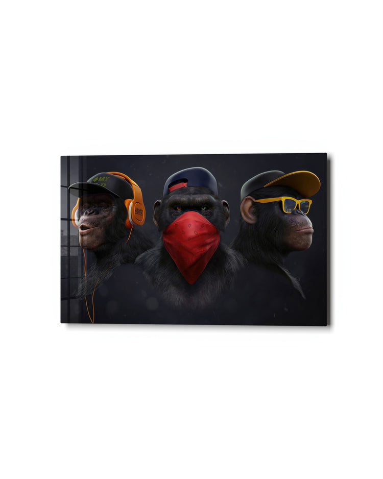 Three Apes, Three Moods glass wall art, studio view