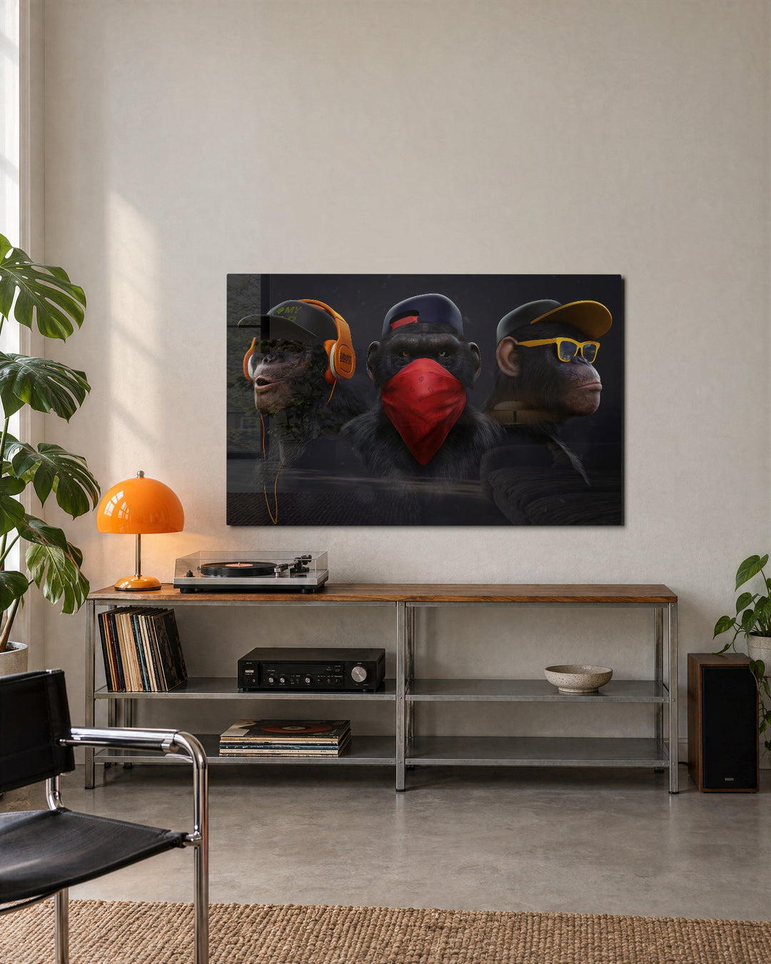 Three Apes, Three Moods glass wall art, lifestyle view