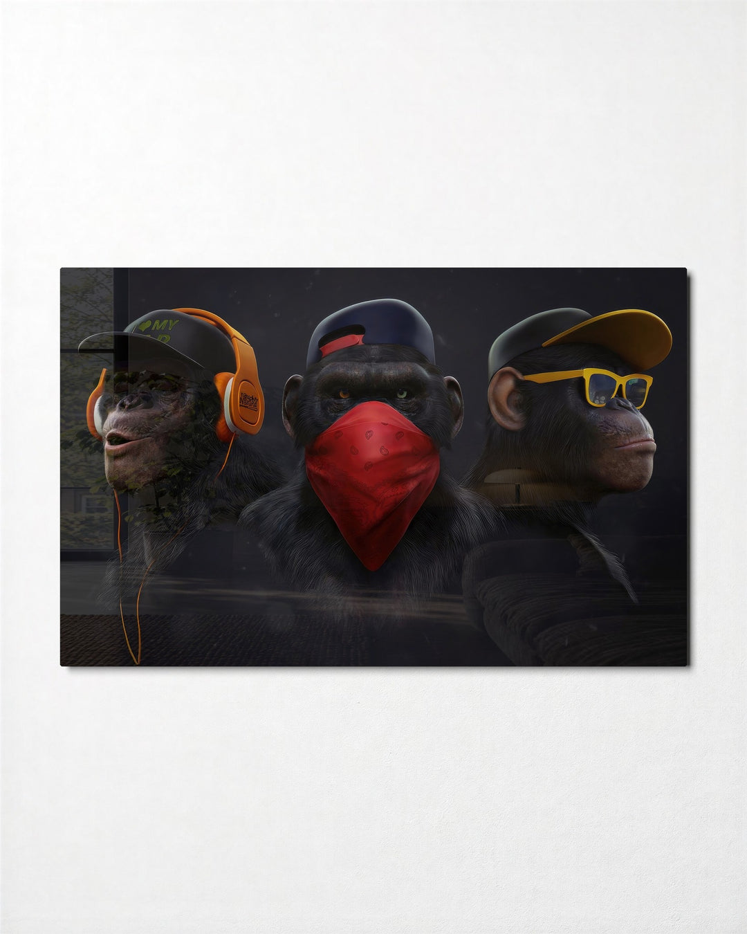 Three Apes, Three Moods glass wall art, front view