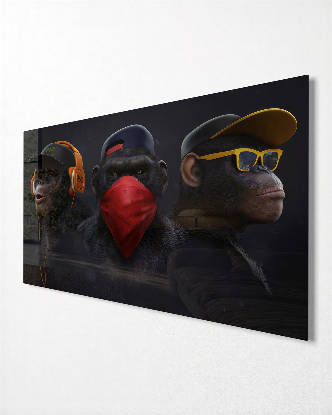 Three Apes, Three Moods glass wall art, side view