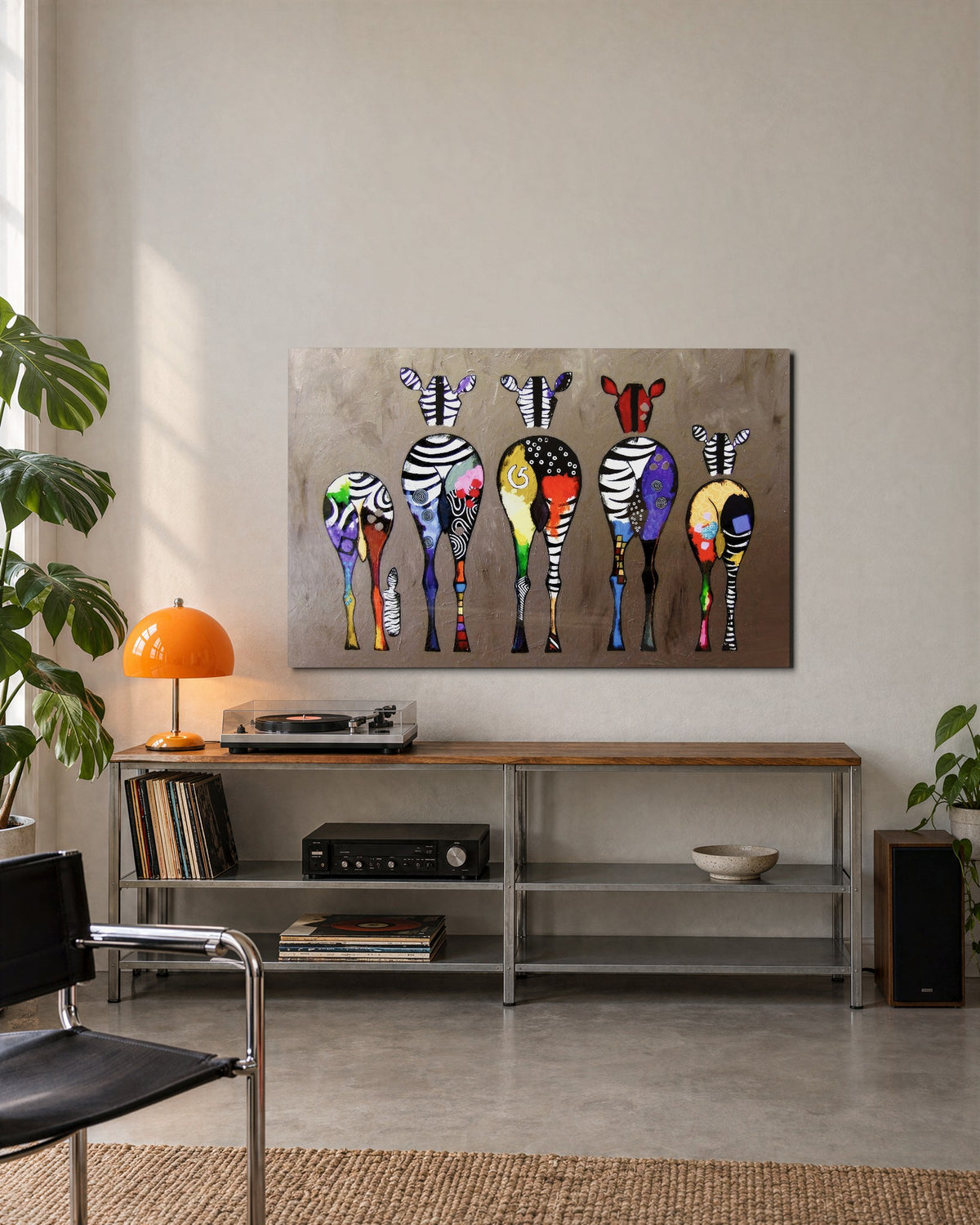 Patchwork Zebra Family glass wall art, lifestyle view