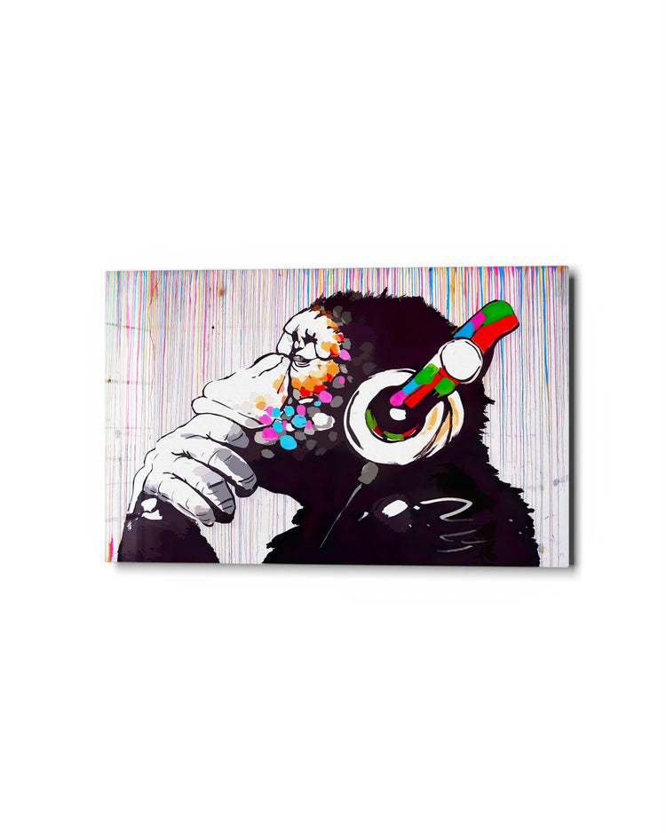 Monkey With Headphones glass wall art, studio view