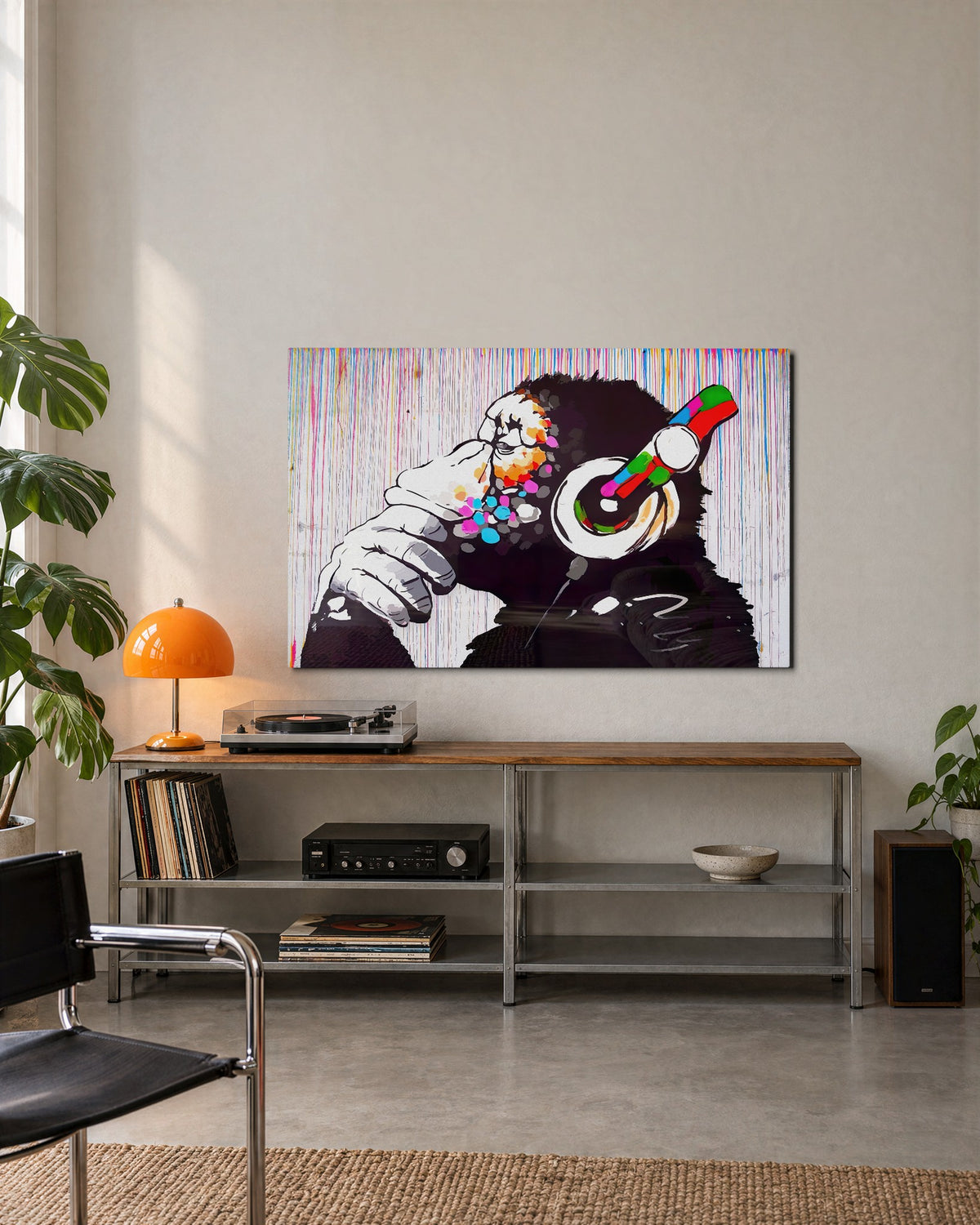 Monkey With Headphones glass wall art, lifestyle view