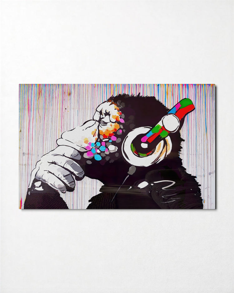 Monkey With Headphones glass wall art, front view