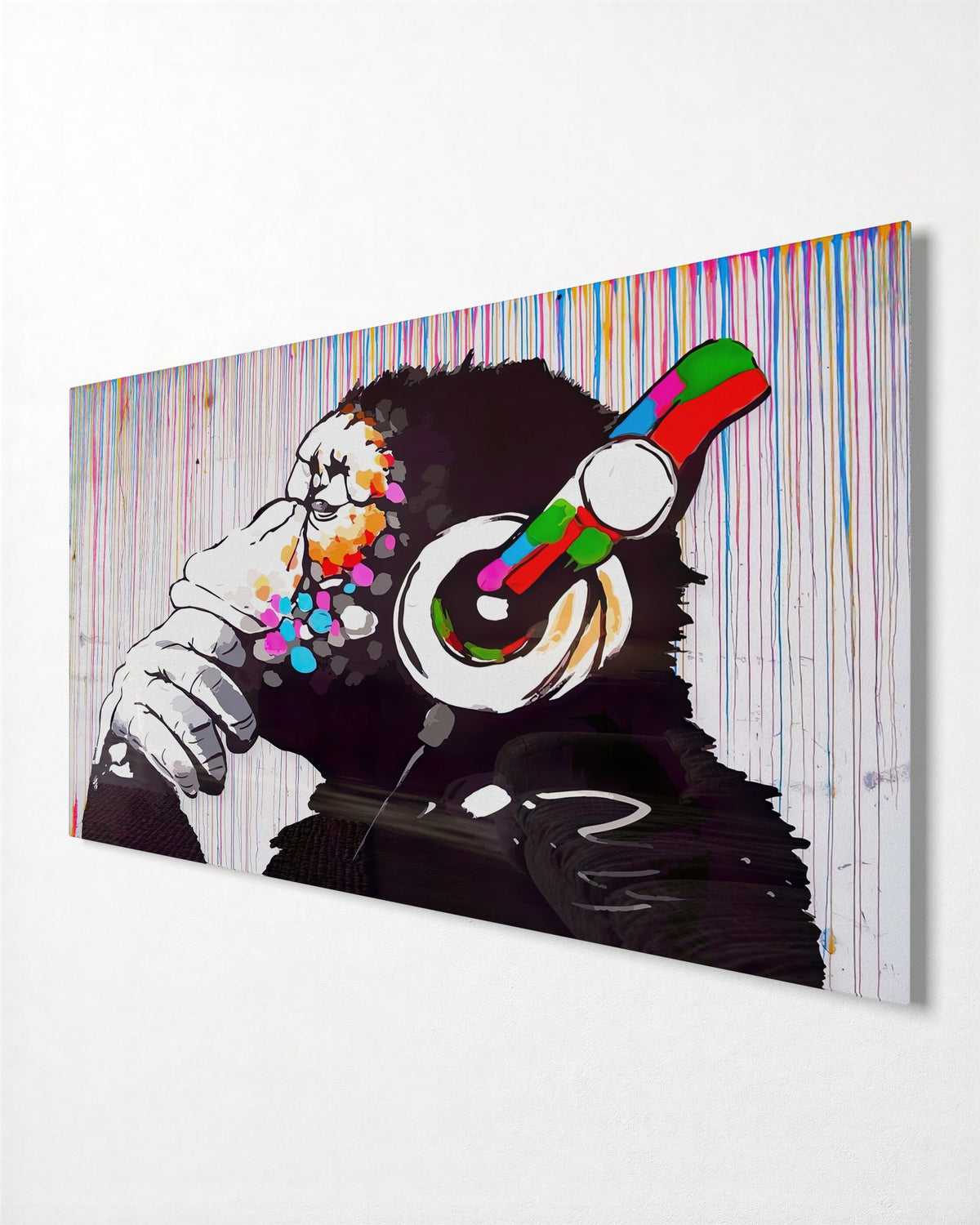 Monkey With Headphones glass wall art, side view