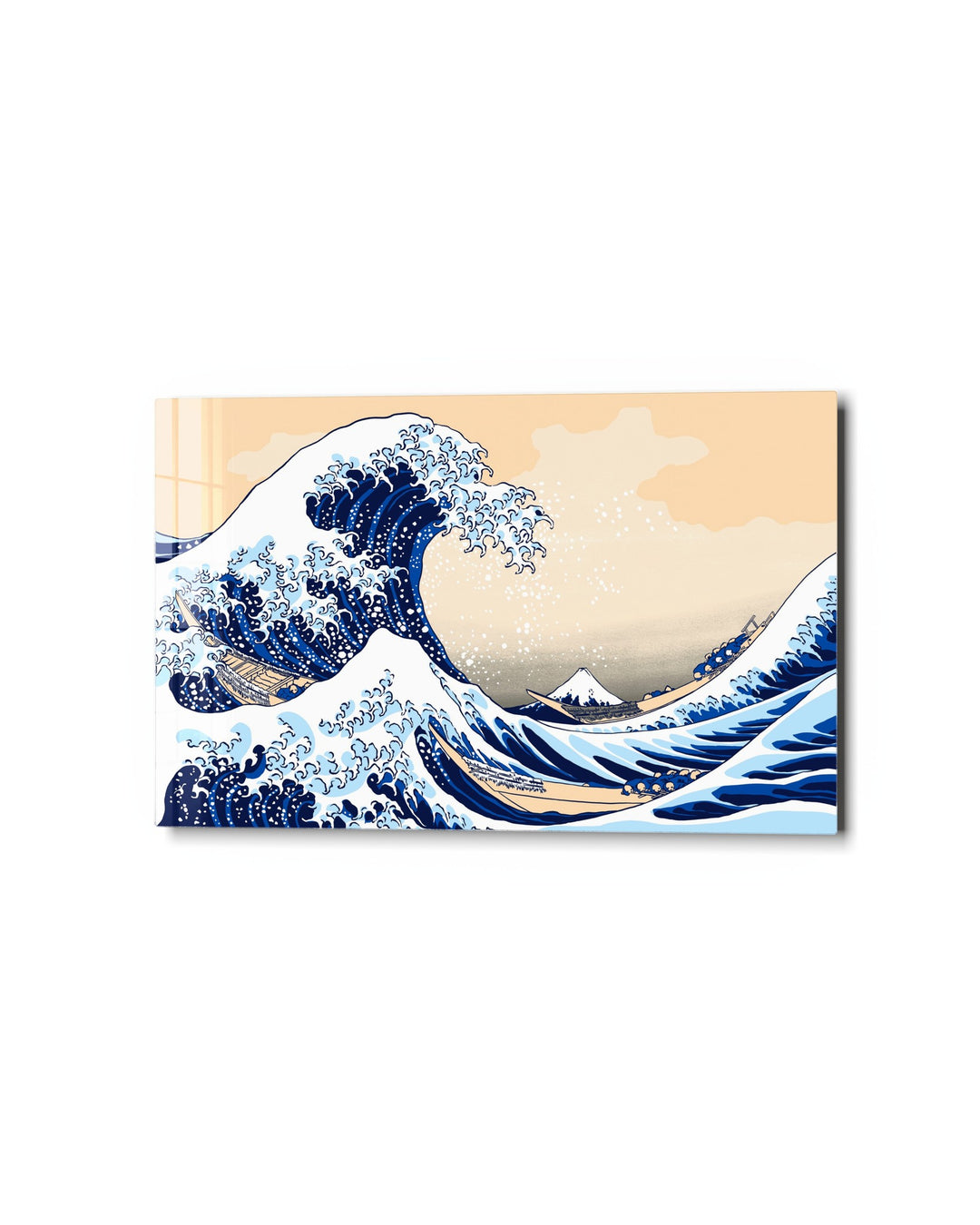 Great Wave and Small Mountain glass wall art, studio view
