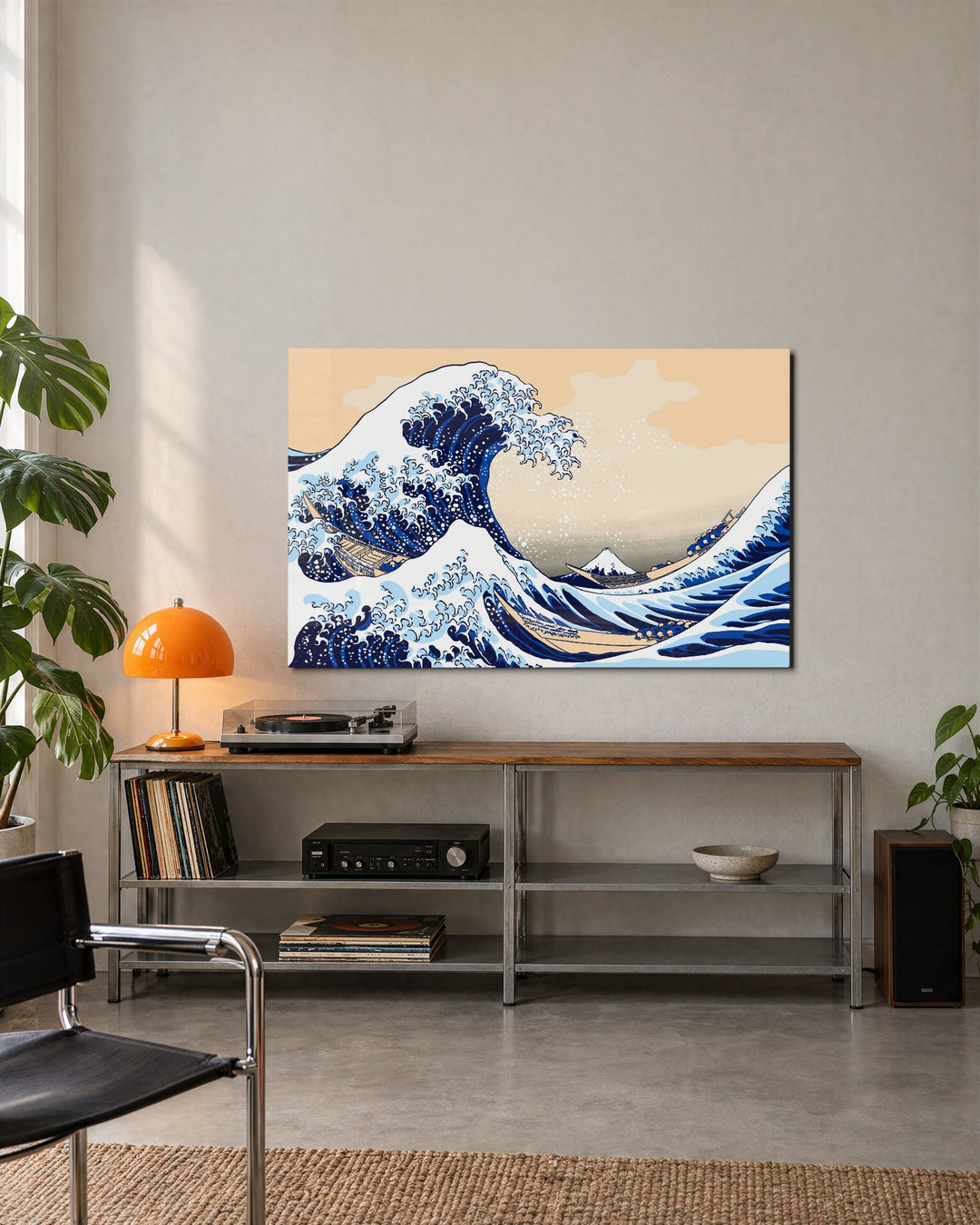 Great Wave and Small Mountain glass wall art, lifestyle view