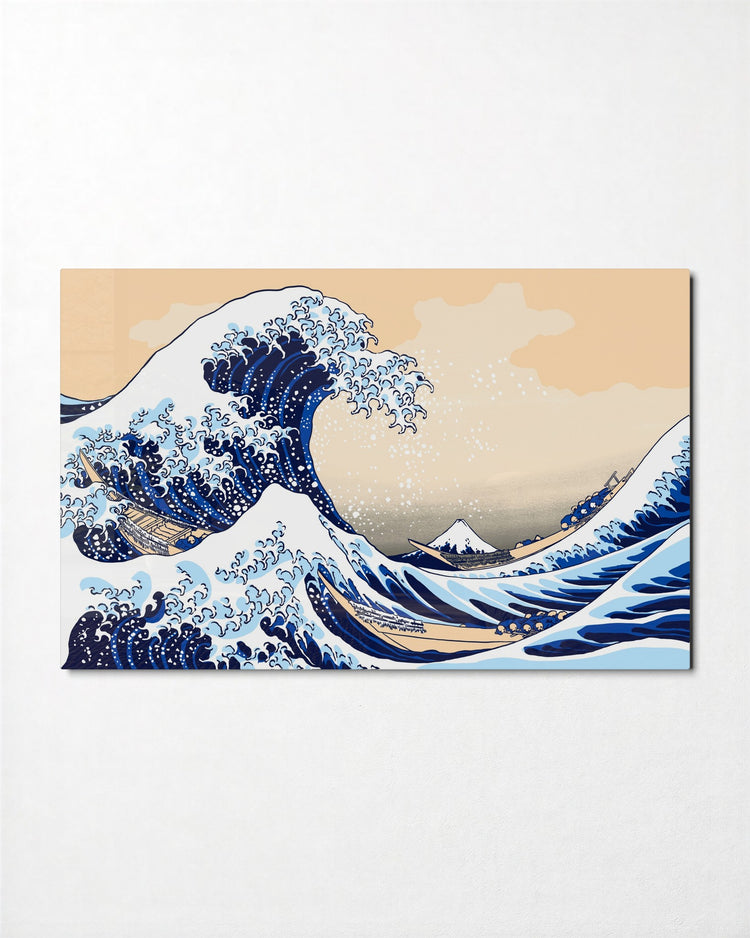 Great Wave and Small Mountain glass wall art, front view