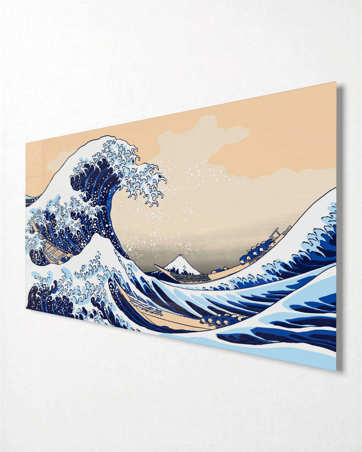 Great Wave and Small Mountain glass wall art, side view