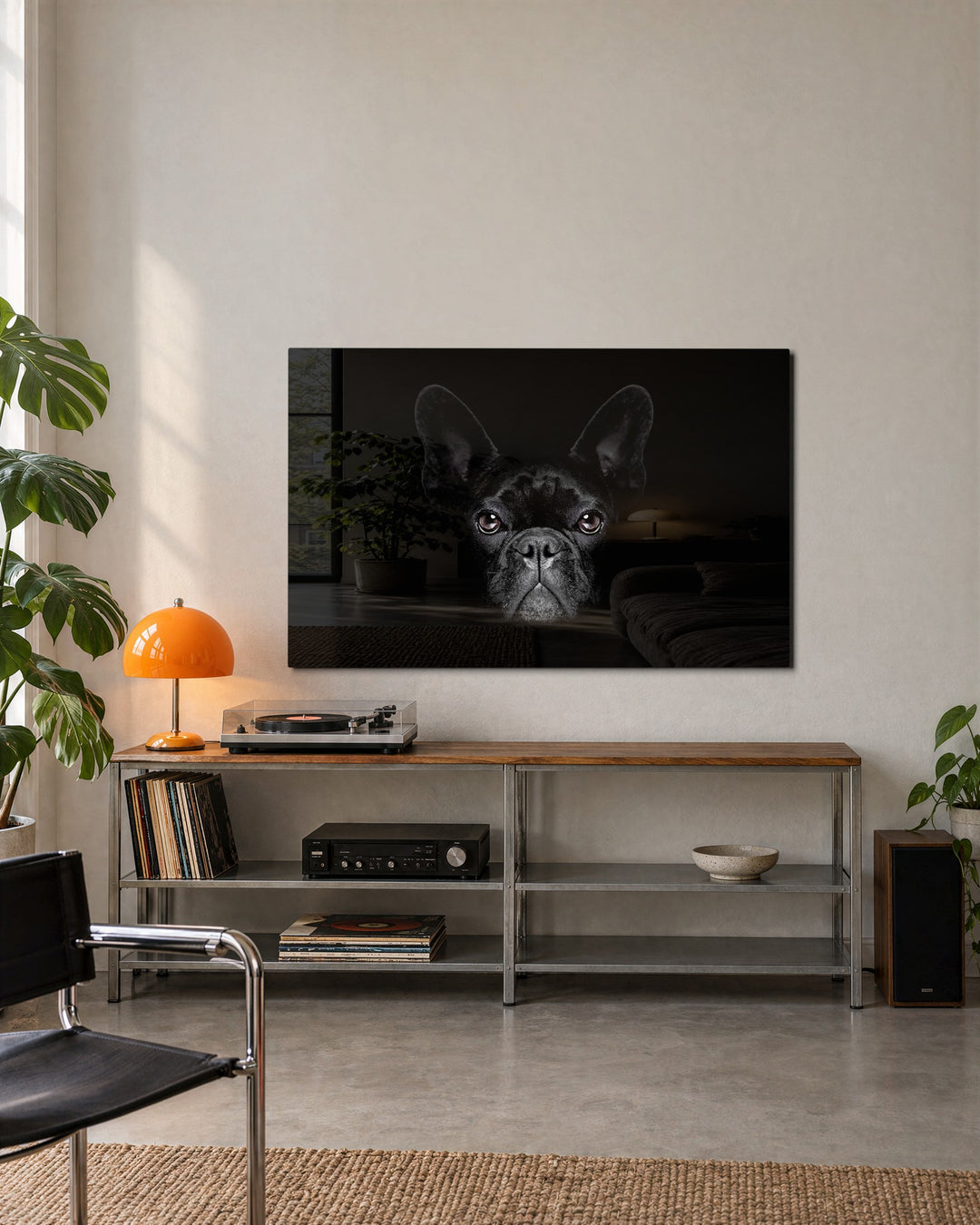 French Bulldog in the Dark glass wall art, lifestyle view
