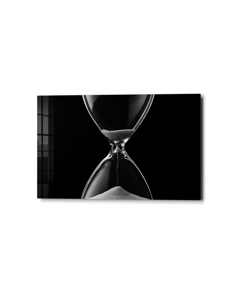 Hourglass Running Low glass wall art, studio view