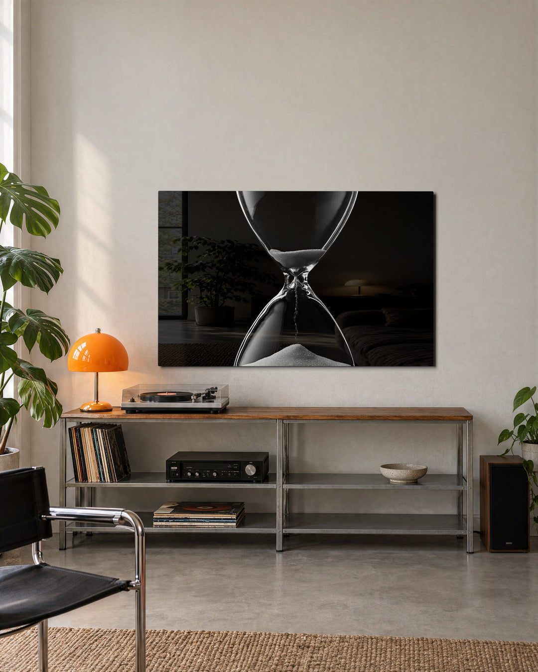 Hourglass Running Low glass wall art, lifestyle view