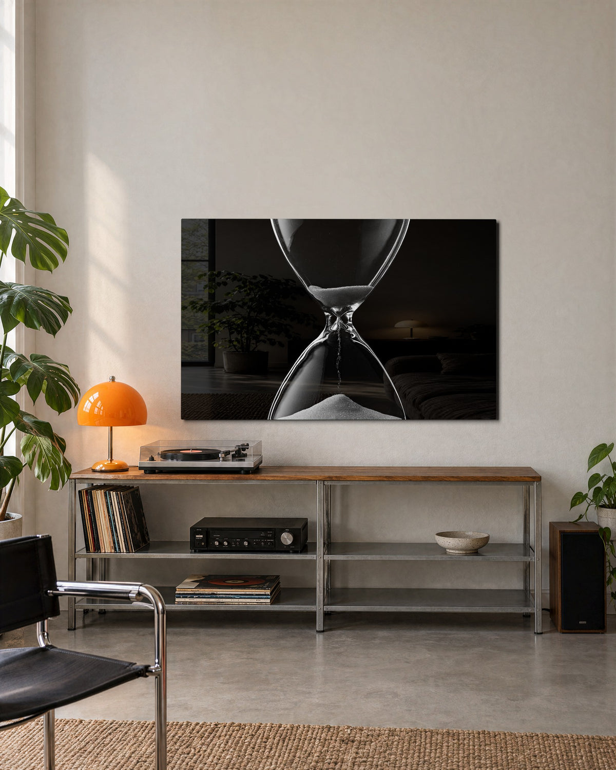 Hourglass Running Low glass wall art, lifestyle view
