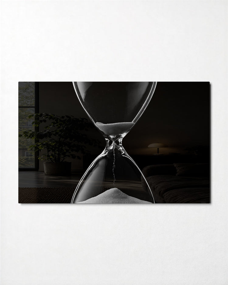 Hourglass Running Low glass wall art, front view