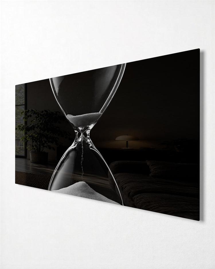 Hourglass Running Low glass wall art, side view